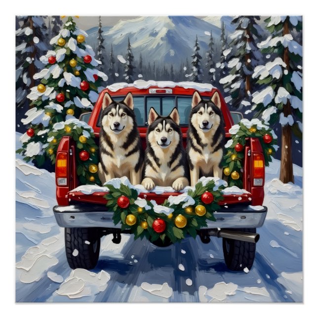 Alaskan Malamute Christmas Red Truck Holiday Poster (Front)