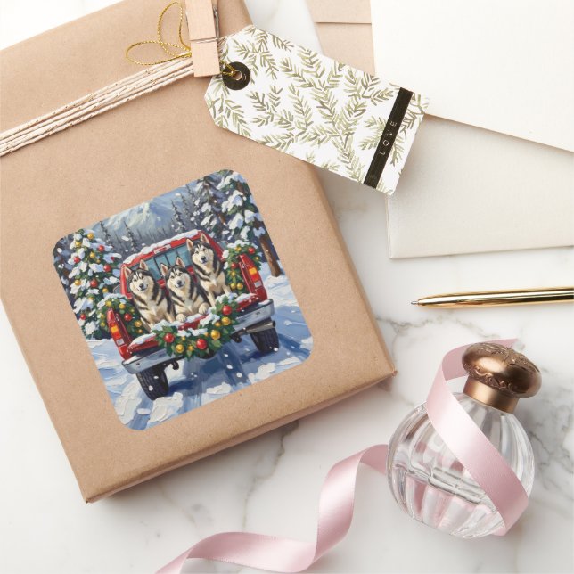 Alaskan Malamute Christmas Red Truck Holiday Square Sticker (Gifting)