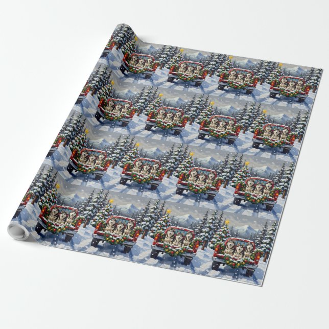 Alaskan Malamute Christmas Red Truck Holiday Wrapping Paper (Unrolled)