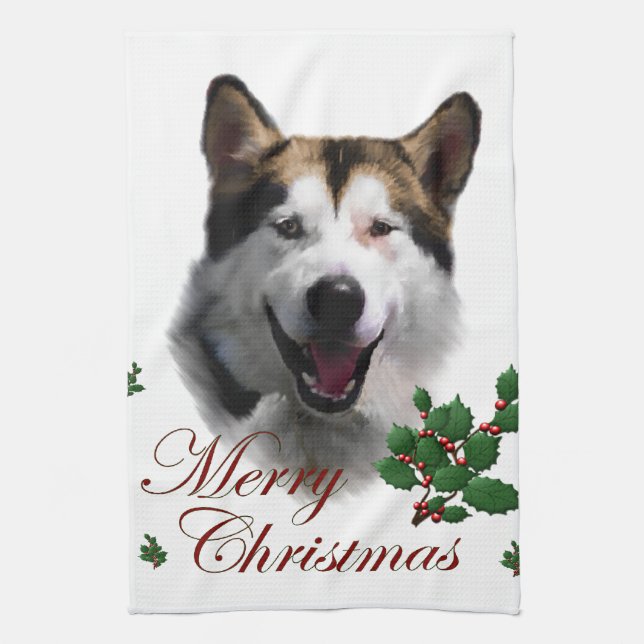 Alaskan Malamute Christmas Tea Towel (Vertical)
