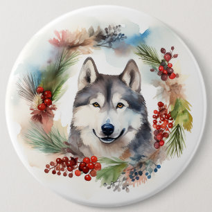 Alaskan Malamute Christmas Wreath Festive Pup 6 Cm Round Badge