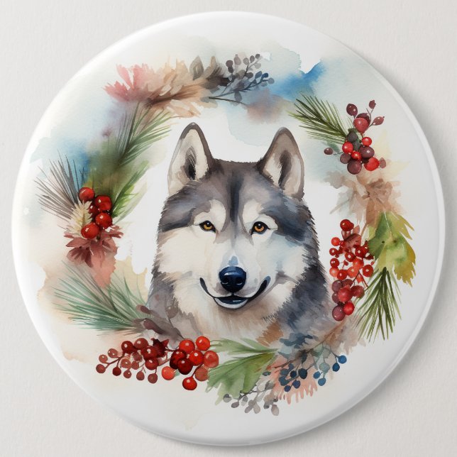 Alaskan Malamute Christmas Wreath Festive Pup  6 Cm Round Badge (Front)