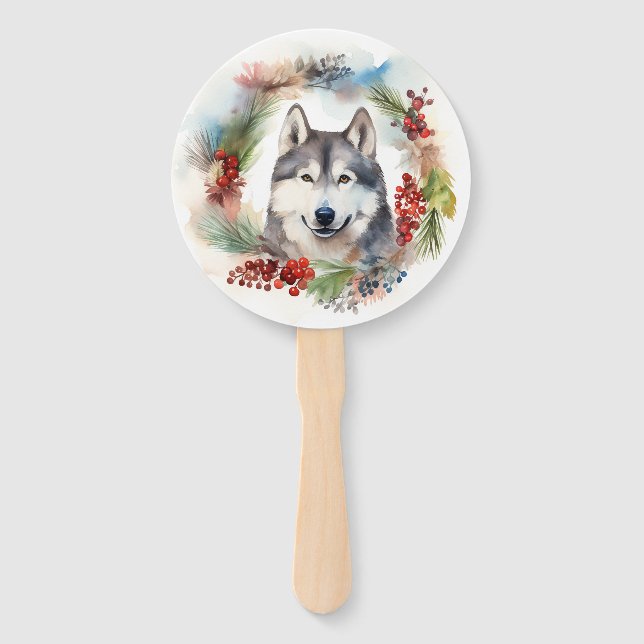 Alaskan Malamute Christmas Wreath Festive Pup  Hand Fan (Back)