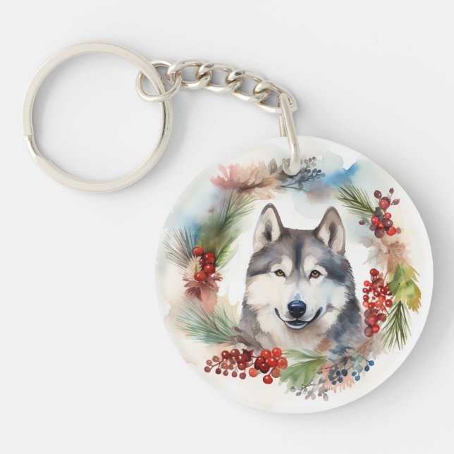 Alaskan Malamute Christmas Wreath Festive Pup  Key Ring (Front)