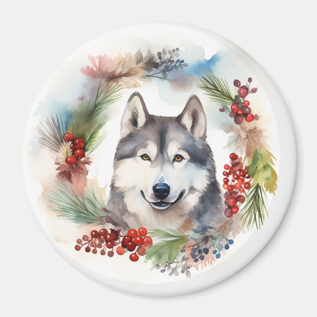 Alaskan Malamute Christmas Wreath Festive Pup  Magnet (Front)