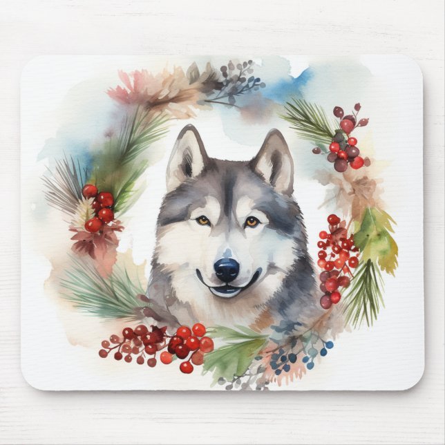 Alaskan Malamute Christmas Wreath Festive Pup  Mouse Pad (Front)
