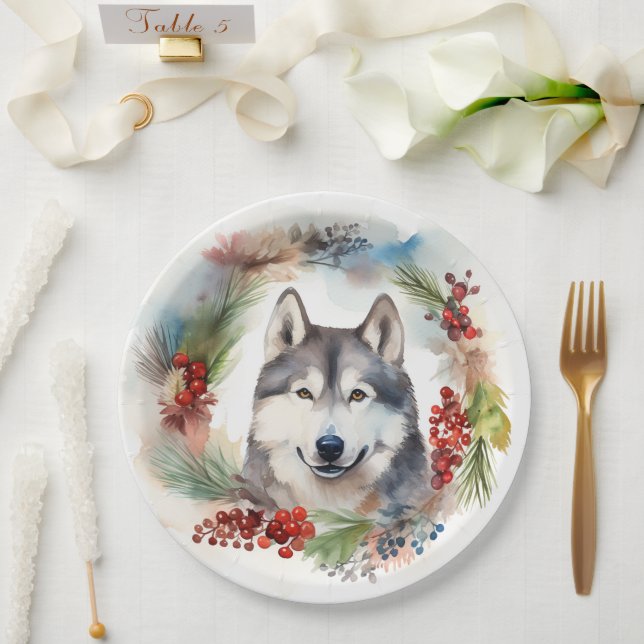 Alaskan Malamute Christmas Wreath Festive Pup  Paper Plate (Wedding)