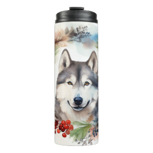 Alaskan Malamute Christmas Wreath Festive Pup  Thermal Tumbler