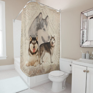 Alaskan Malamute Collage on Word Pattern Shower Curtain