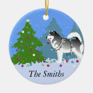Alaskan Malamute Decorating Christmas Tree Ceramic Tree Decoration