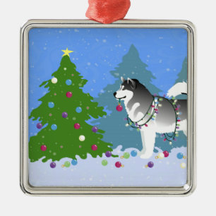 Alaskan Malamute Decorating Christmas Tree Metal Ornament