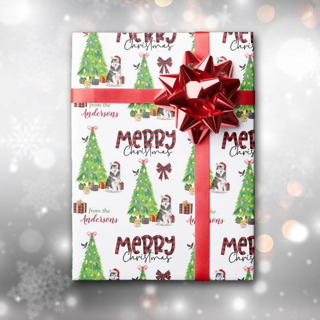 Alaskan Malamute Dog, Bird and Christmas Tree Wrapping Paper (Creator Uploaded)
