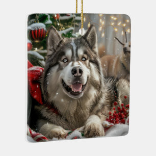 Alaskan Malamute Dog Christmas Festive Ceramic Ornament