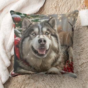 Alaskan Malamute Dog Christmas Festive Cushion