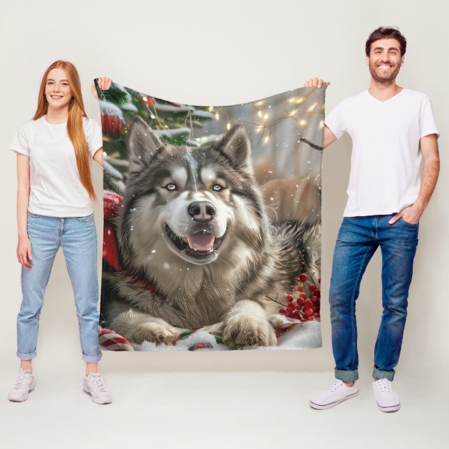 Alaskan Malamute Dog Christmas Festive Fleece Blanket (In Situ)