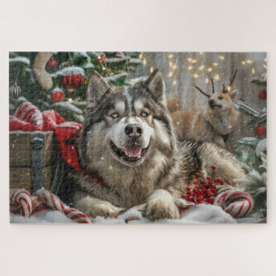 Alaskan Malamute Dog Christmas Festive Jigsaw Puzzle