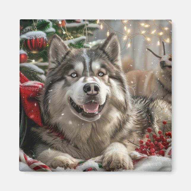 Alaskan Malamute Dog Christmas Festive Magnet (Front)