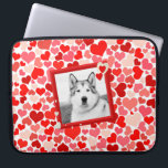 Alaskan Malamute Dog Heart Laptop Sleeves<br><div class="desc">Red and pink falling hearts with cute Alaskan Malamute photo in frame</div>