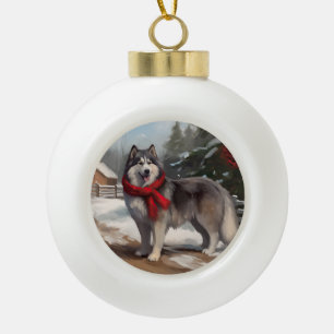 Alaskan Malamute Dog in Snow Christmas Ceramic Ball Christmas Ornament