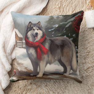 Alaskan Malamute Dog in Snow Christmas Cushion