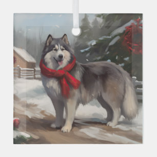 Alaskan Malamute Dog in Snow Christmas Glass Tree Decoration
