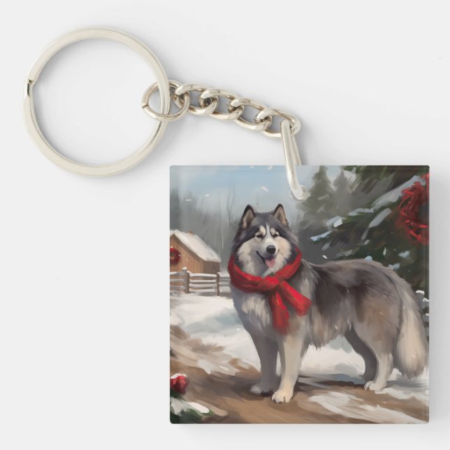 Alaskan Malamute Dog in Snow Christmas Key Ring (Front)
