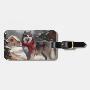 Alaskan Malamute Dog in Snow Christmas Luggage Tag