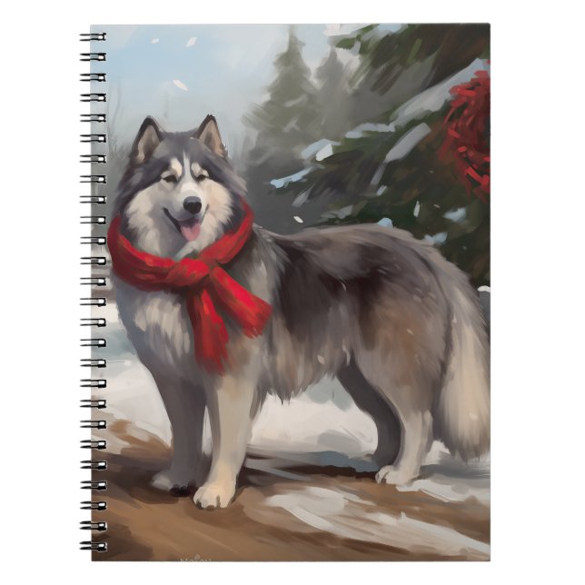 Alaskan Malamute Dog in Snow Christmas Notebook (Front)