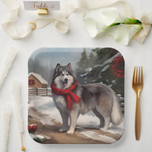 Alaskan Malamute Dog in Snow Christmas Paper Plate