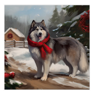 Alaskan Malamute Dog in Snow Christmas Poster