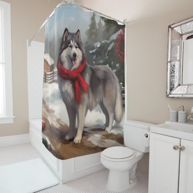 Alaskan Malamute Dog in Snow Christmas Shower Curtain (In Situ)