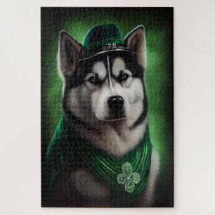 Alaskan Malamute dog in St. Patrick's Day Dress Jigsaw Puzzle
