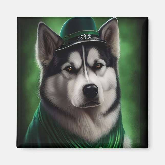 Alaskan Malamute dog in St. Patrick's Day Dress Magnet (Front)
