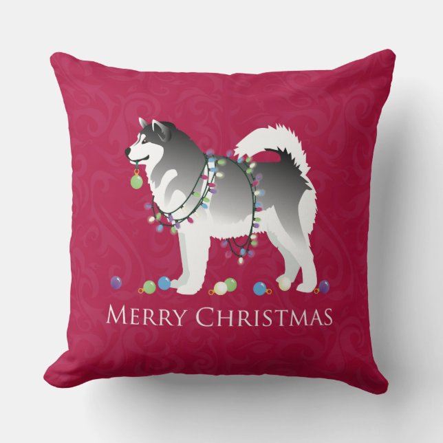 Alaskan Malamute Dog Merry Christmas Design Cushion (Front)