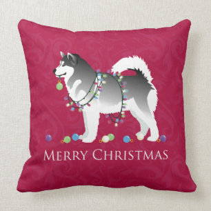 Alaskan Malamute Dog Merry Christmas Design Cushion