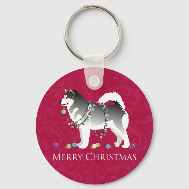 Alaskan Malamute Dog Merry Christmas Design Key Ring (Front)