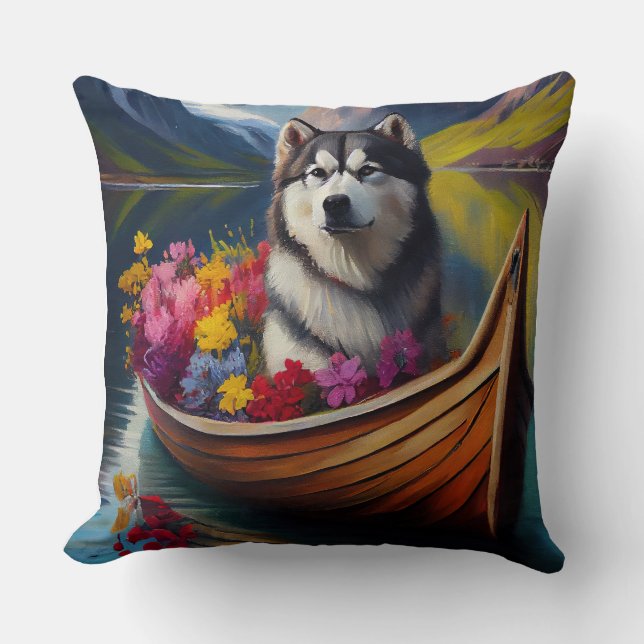 Alaskan Malamute Dog on Paddle: A Scenic Adventure Cushion (Front)