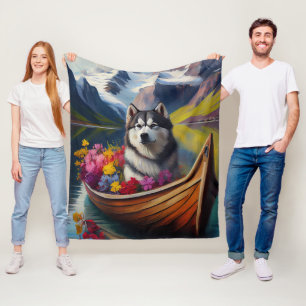 Alaskan Malamute Dog on Paddle: A Scenic Adventure Fleece Blanket