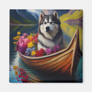 Alaskan Malamute Dog on Paddle: A Scenic Adventure Magnet