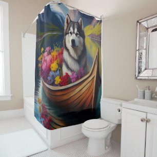 Alaskan Malamute Dog on Paddle: A Scenic Adventure Shower Curtain
