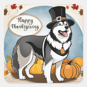 Alaskan Malamute Dog Pilgrim Happy Thanksgiving Square Sticker
