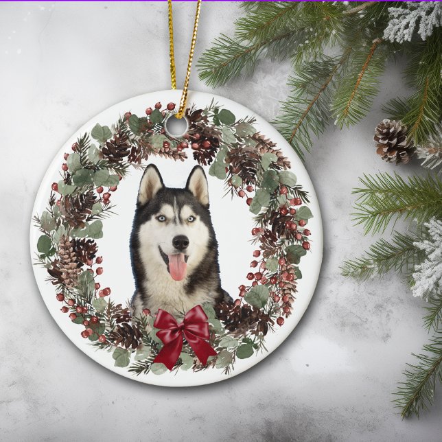 Alaskan Malamute Dog Red Bow Pinecone Wreath Ceramic Ornament (Creator Uploaded)