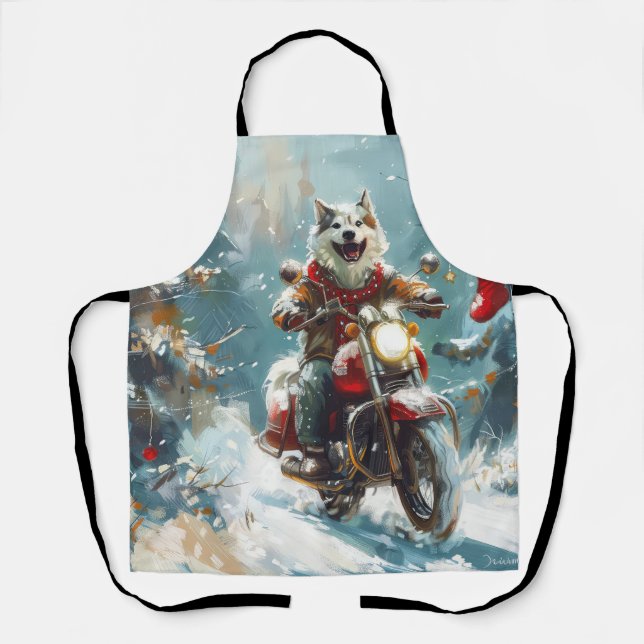 Alaskan Malamute Dog Riding Motorcycle Christmas  Apron (Front)