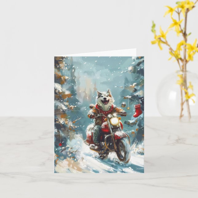 Alaskan Malamute Dog Riding Motorcycle Christmas  Card (Yellow Flower)