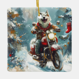 Alaskan Malamute Dog Riding Motorcycle Christmas Ceramic Ornament