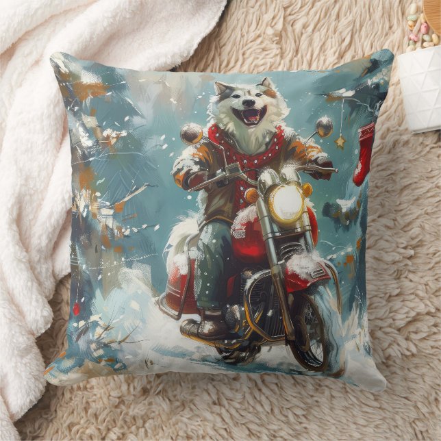 Alaskan Malamute Dog Riding Motorcycle Christmas  Cushion (Blanket)