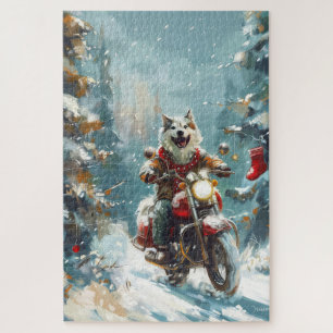 Alaskan Malamute Dog Riding Motorcycle Christmas Jigsaw Puzzle