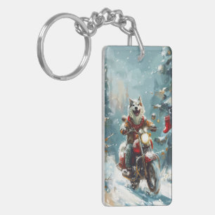 Alaskan Malamute Dog Riding Motorcycle Christmas Key Ring