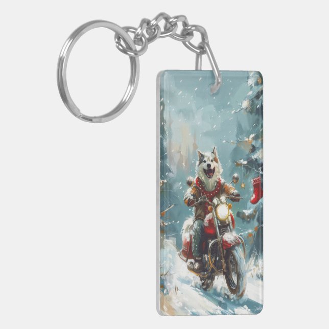 Alaskan Malamute Dog Riding Motorcycle Christmas  Key Ring (Front Left)