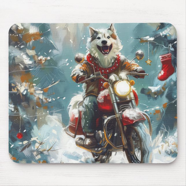Alaskan Malamute Dog Riding Motorcycle Christmas  Mouse Pad (Front)